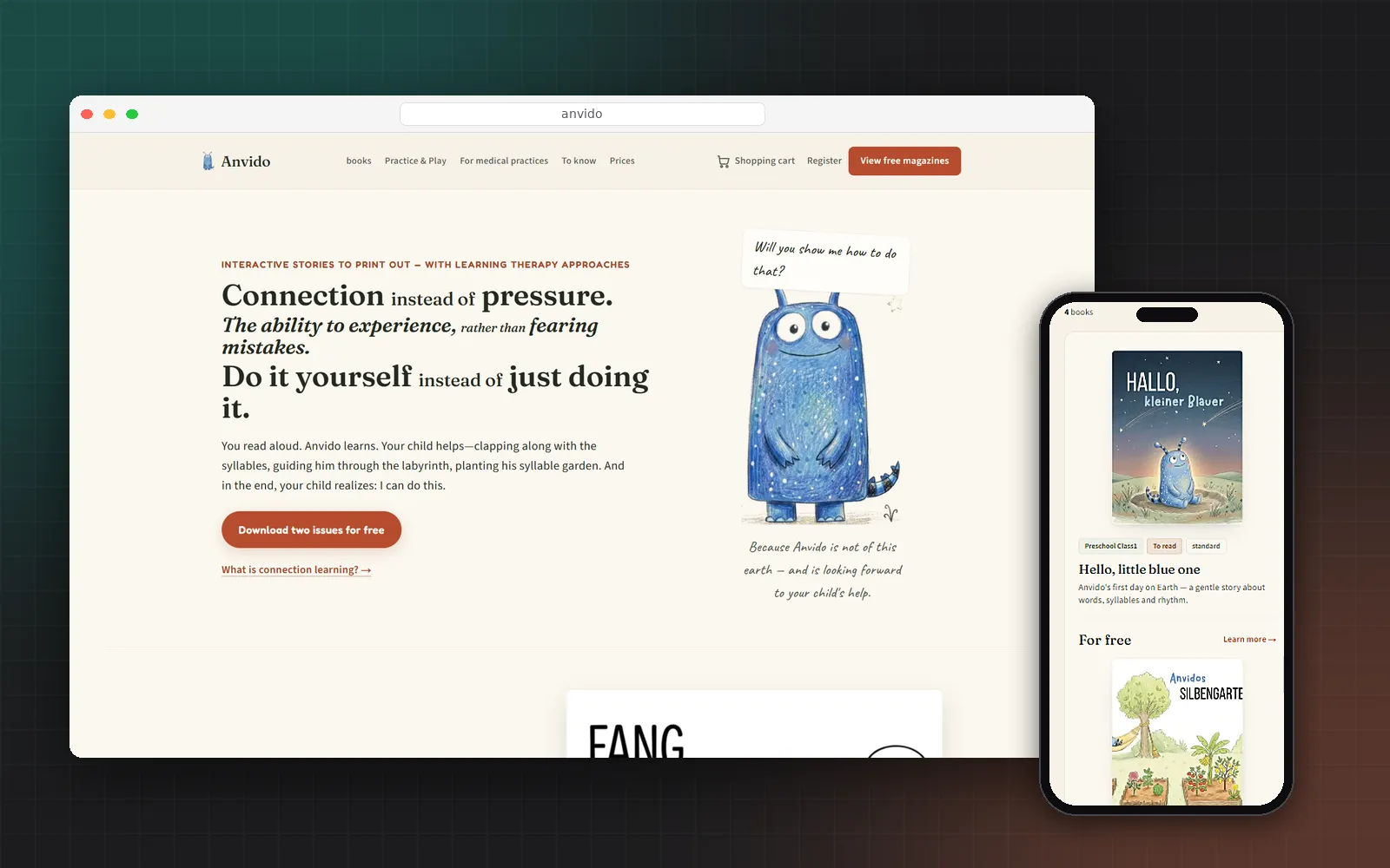 The Anvido homepage and its book listing on a phone