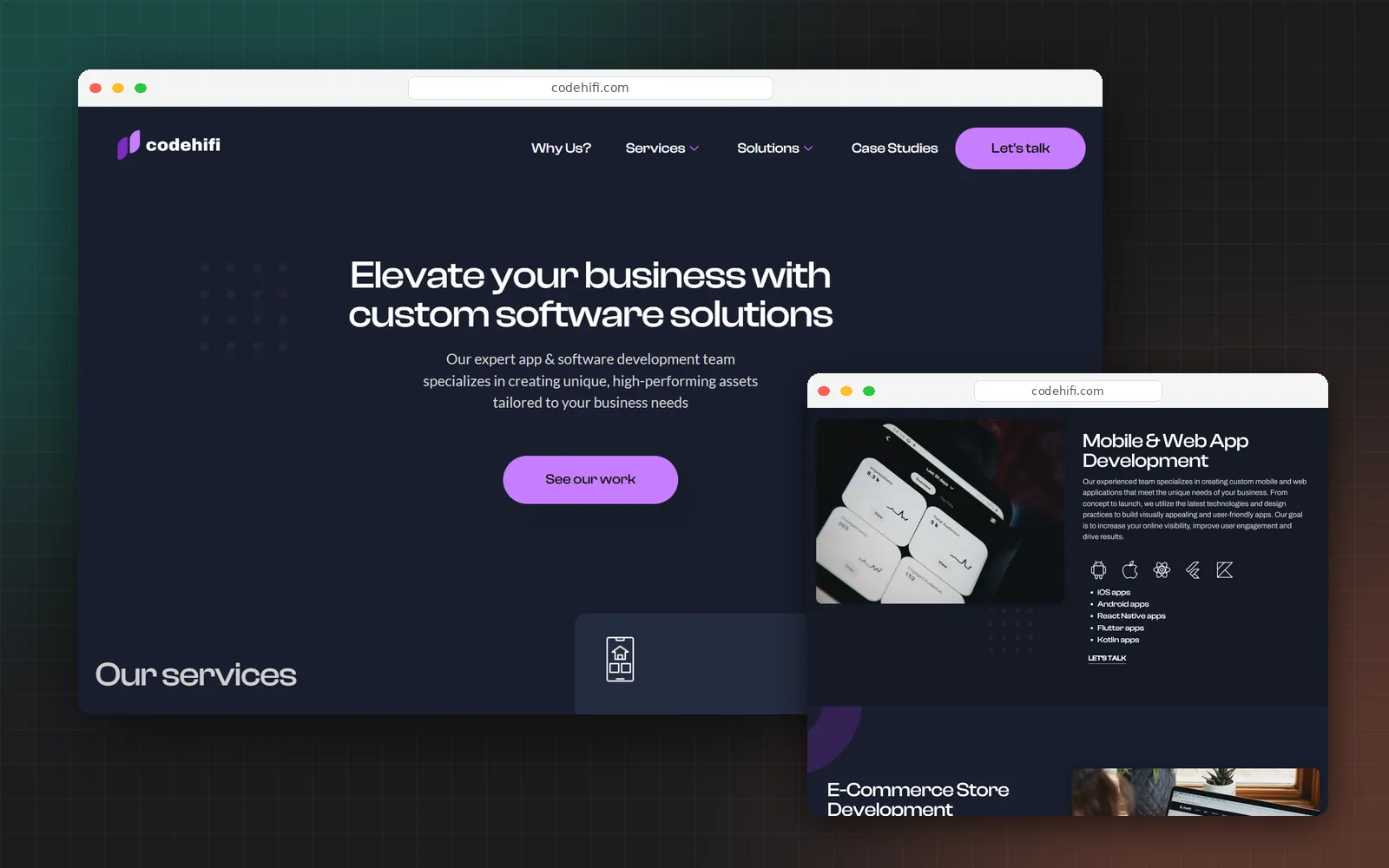 The Code HiFi homepage and its Mobile and Web App Development service section