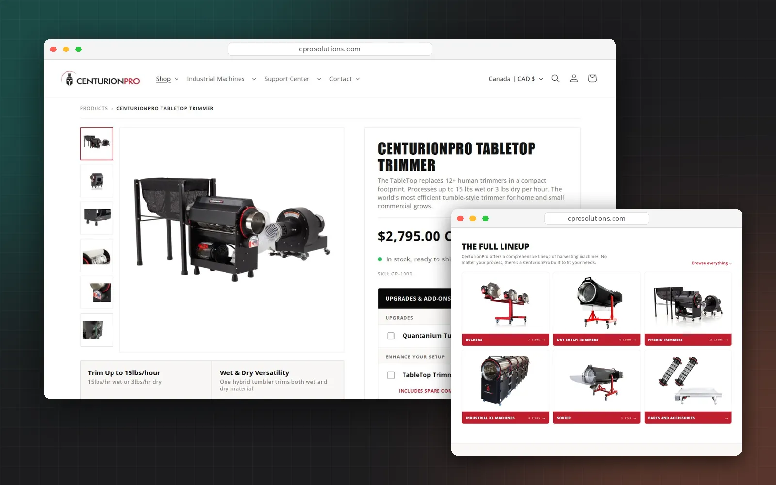 A CenturionPro product page for the TableTop Trimmer and the full machine lineup, on the Shopify Plus store
