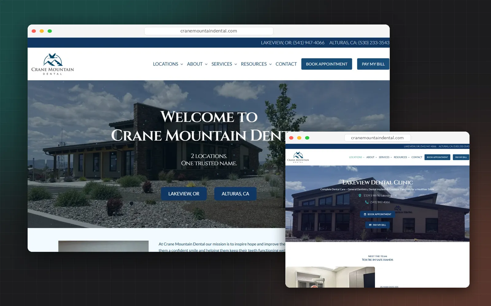 The Crane Mountain Dental homepage and the Lakeview Dental Clinic location page