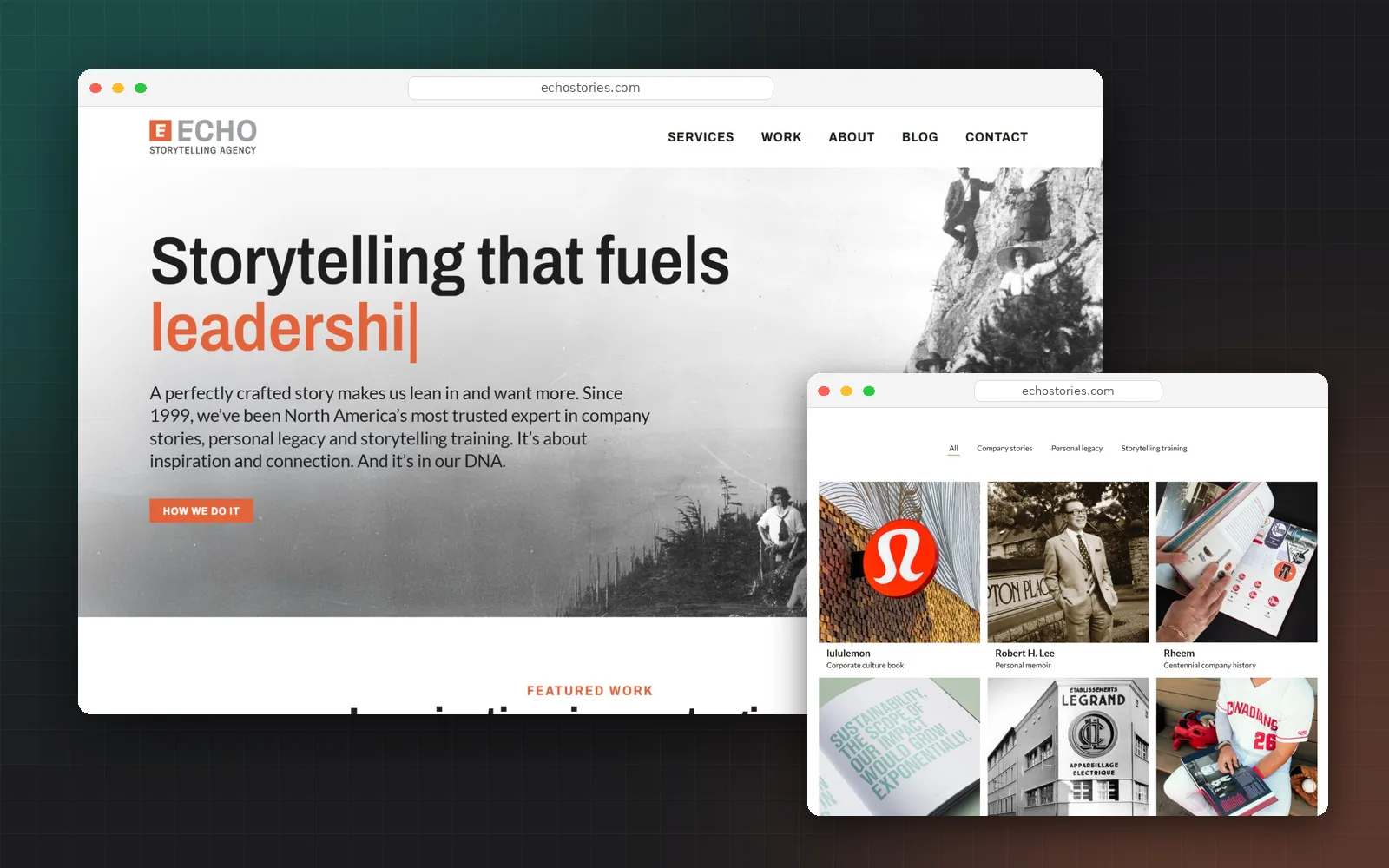 The rebuilt Echo Storytelling Agency homepage and work portfolio in browser windows