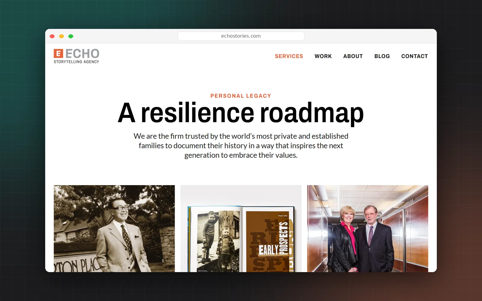 The Personal Legacy service page, A resilience roadmap, with photos from family history projects