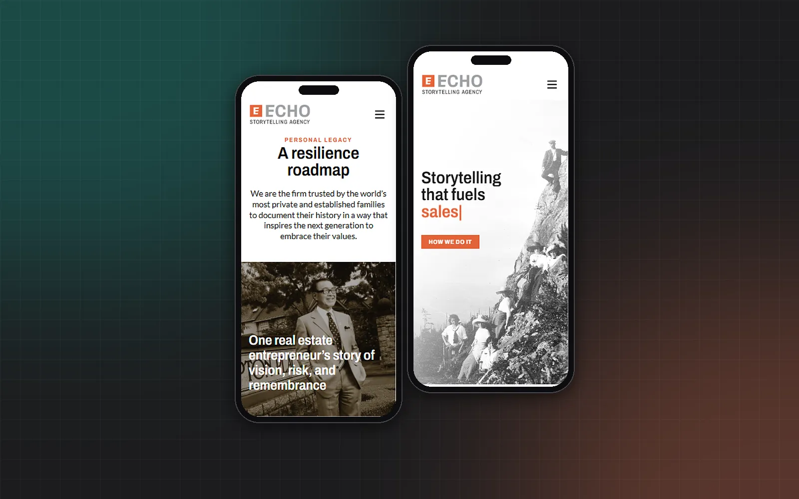 Two phone screens of the new Echo site: the Personal Legacy page and the homepage