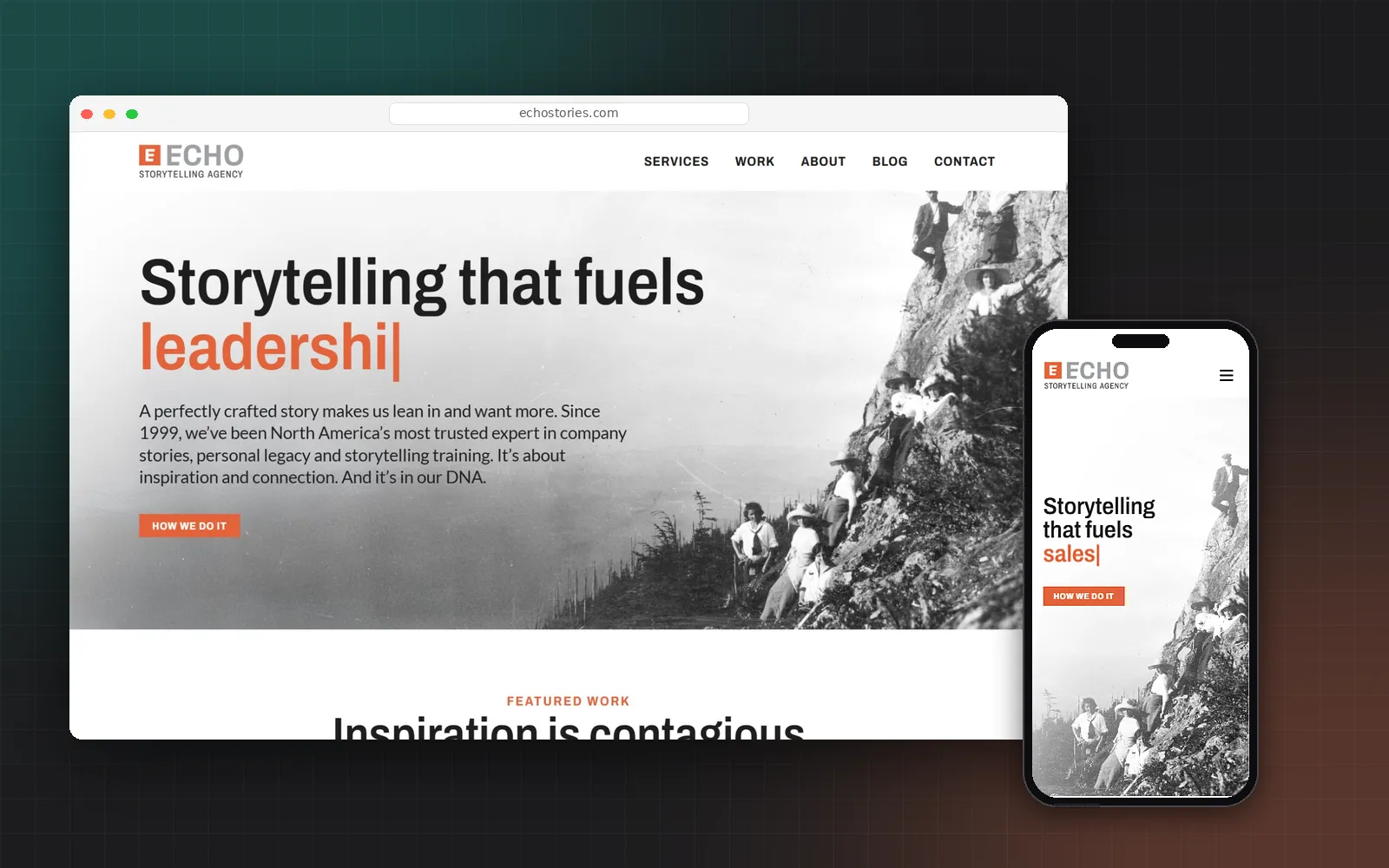 The rebuilt Echo homepage on a laptop and a phone, with the headline Storytelling that fuels leadership