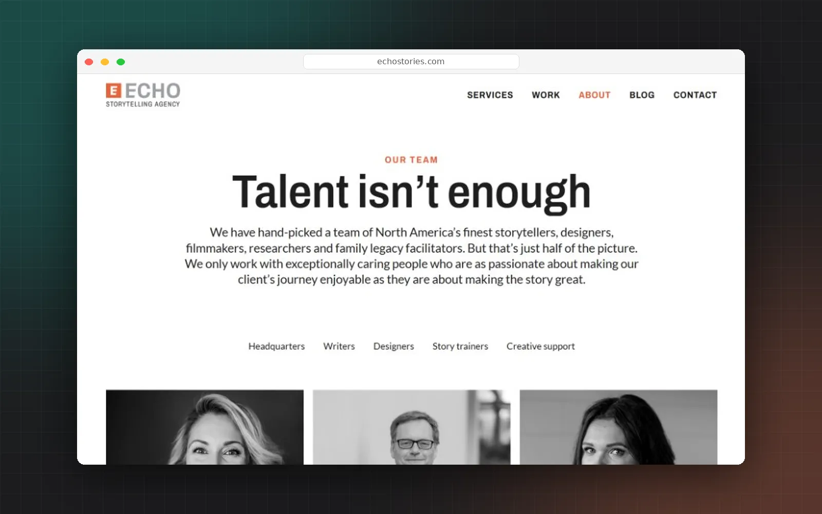 The Echo team page, Talent isn't enough, with filters for writers, designers, and story trainers