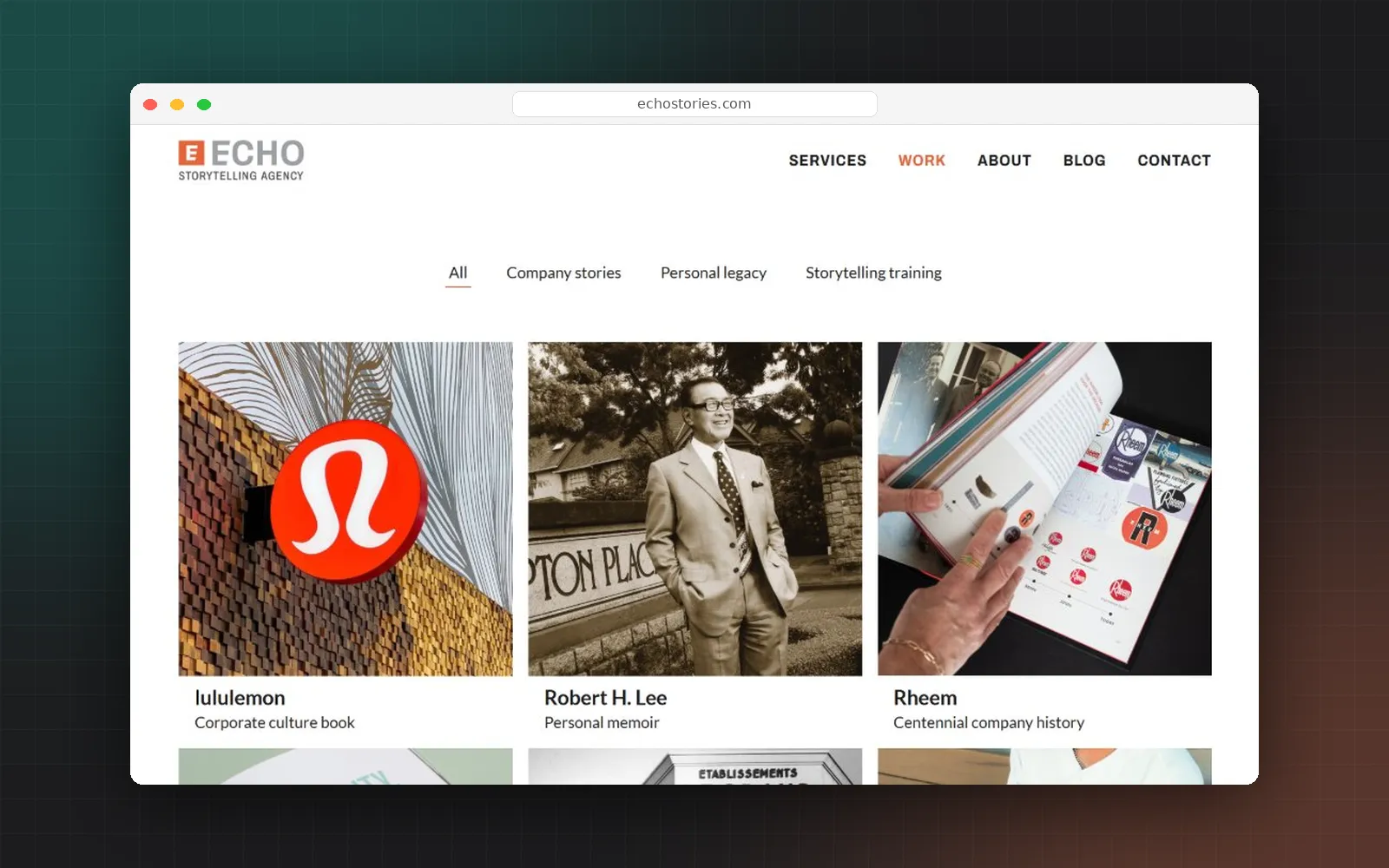 The Echo work portfolio with filters for company stories, personal legacy, and storytelling training