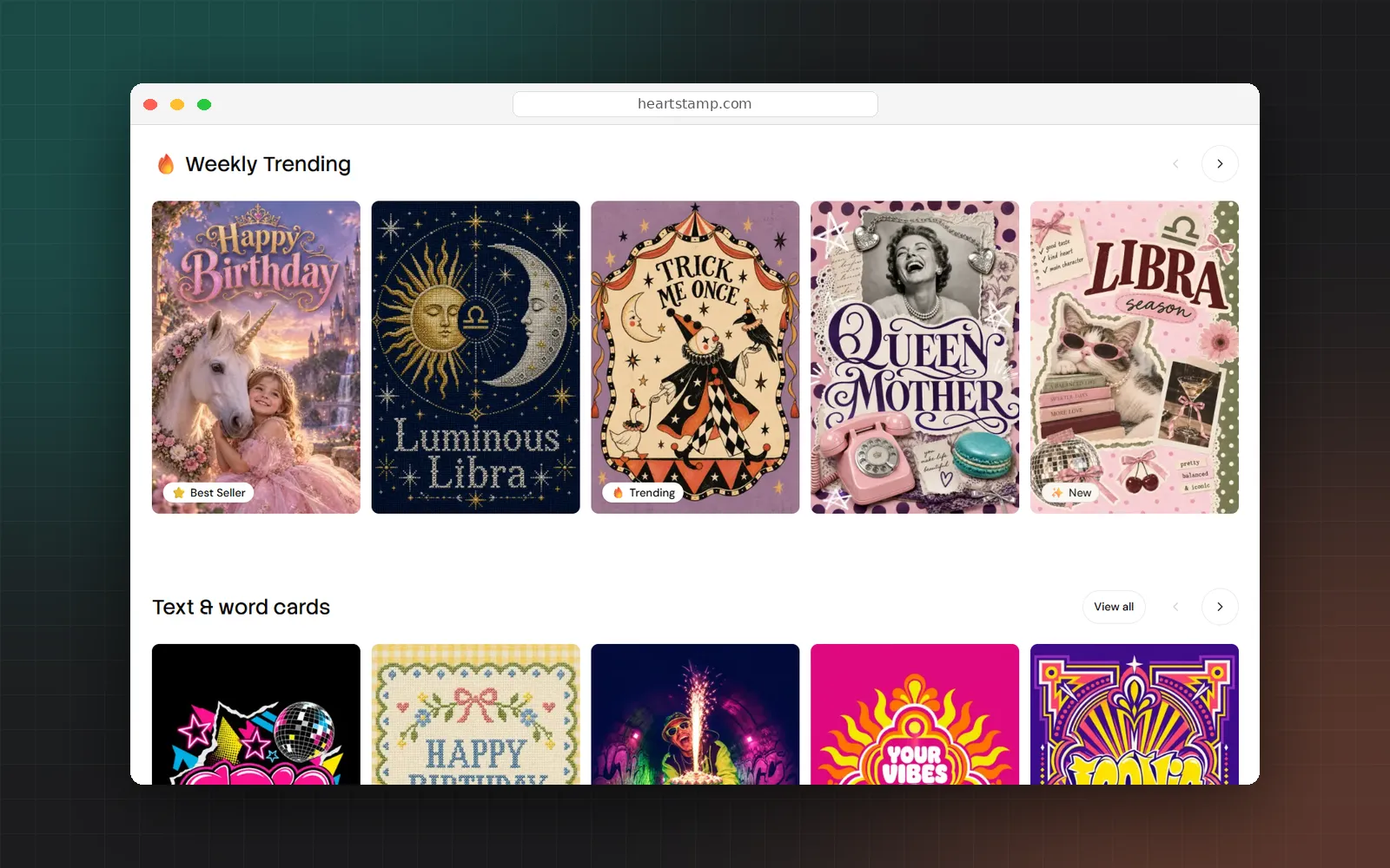 HeartStamp catalog rows: weekly trending cards and text and word cards