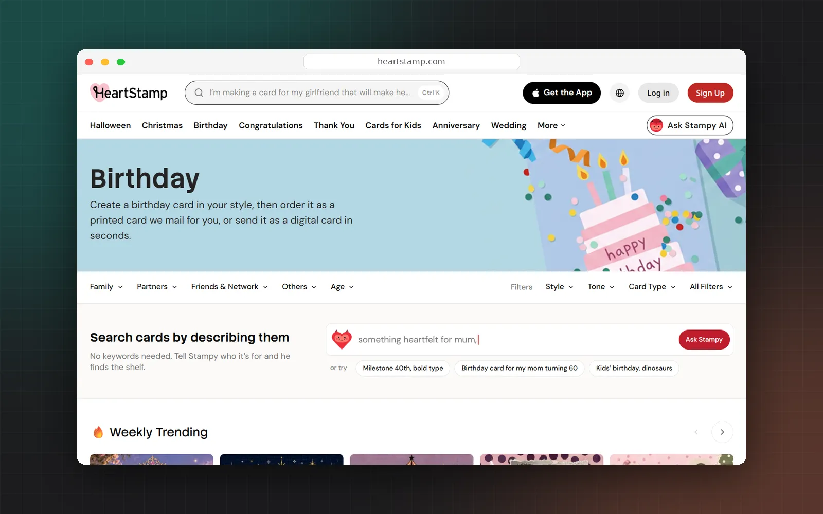 The HeartStamp birthday category page with filters for recipient, age, style and tone