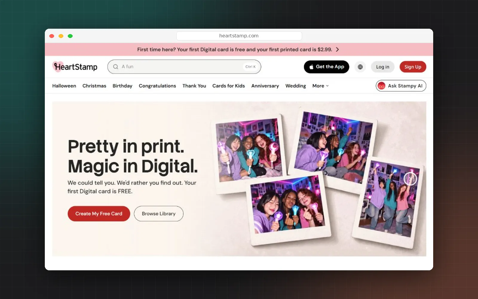 The HeartStamp homepage, Pretty in print. Magic in Digital., with the occasion menu across the top