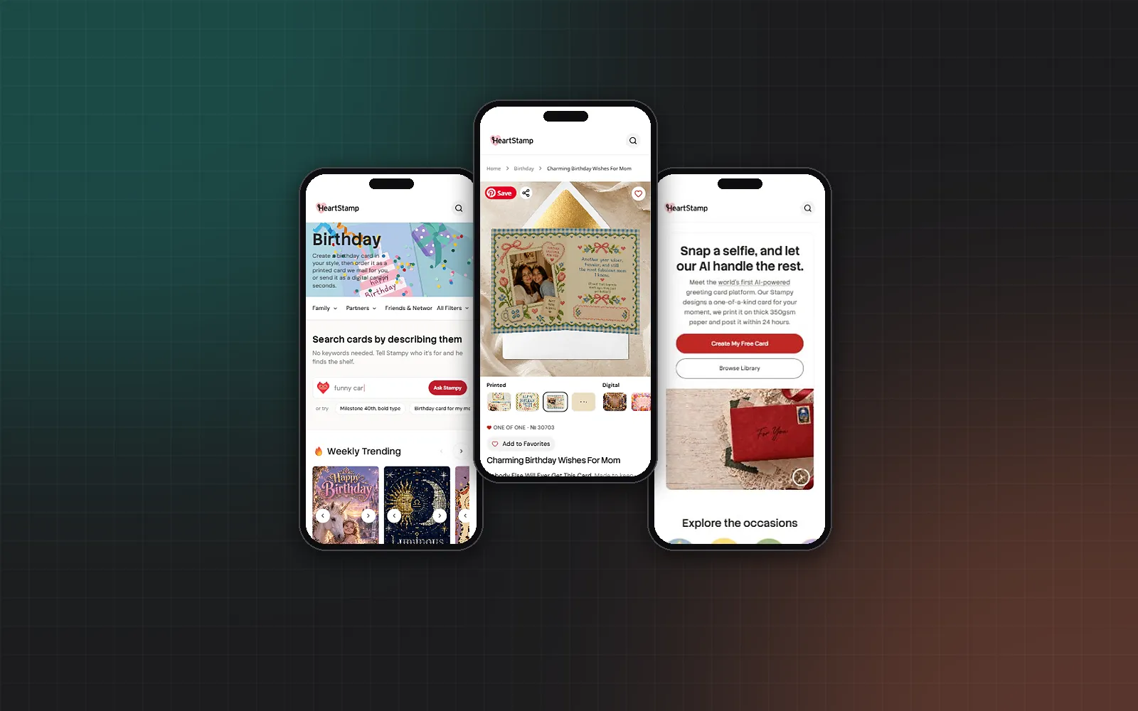 Three phone screens of HeartStamp: the birthday category, a card product page, and the homepage