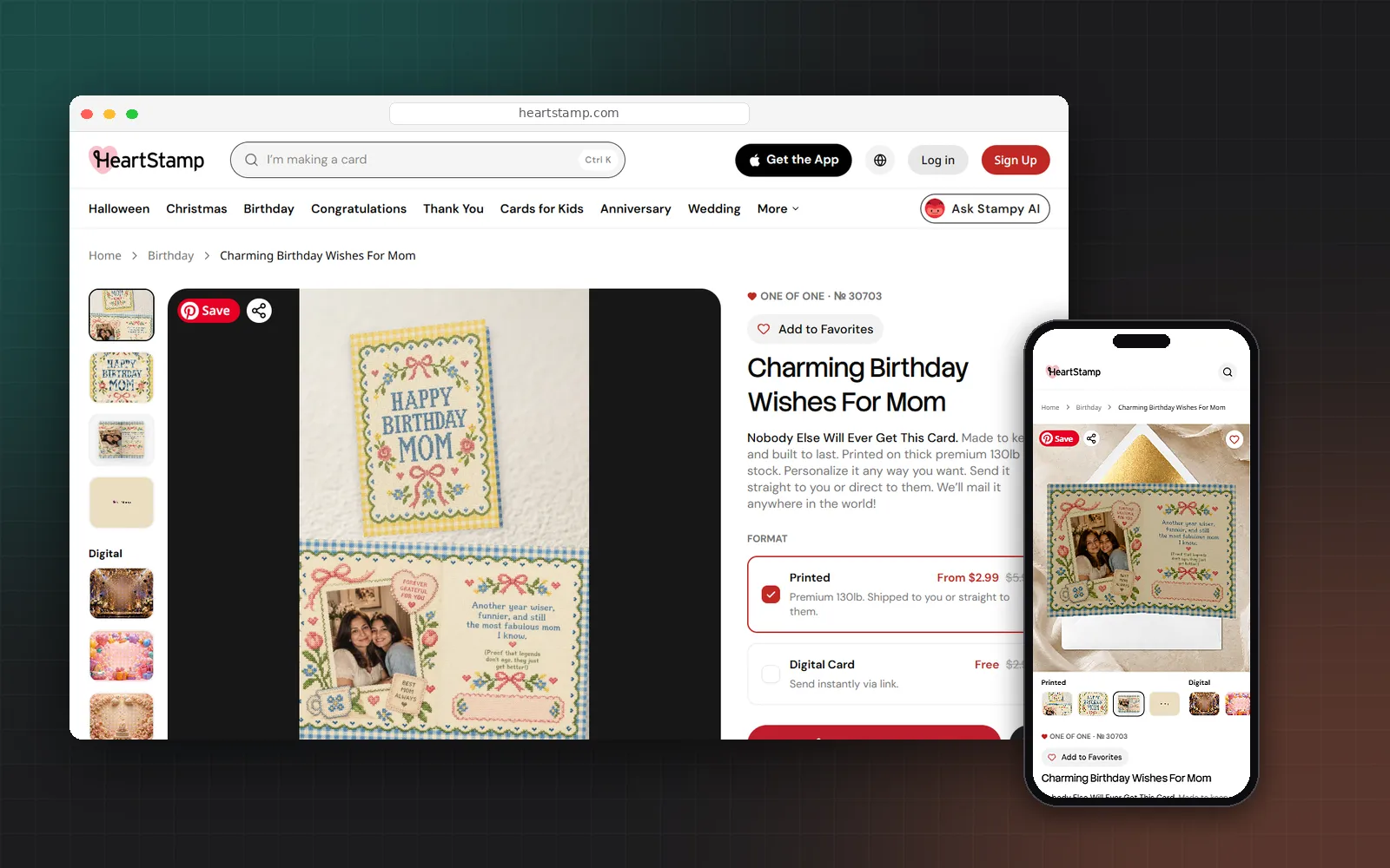 A HeartStamp card product page on a laptop and a phone, with printed and digital card options