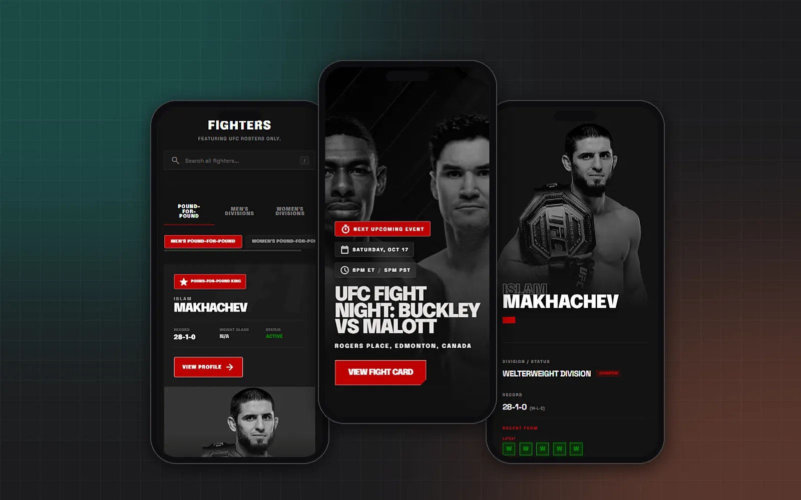The JabJab MMA fighter rankings, next event and fighter profile pages on a phone