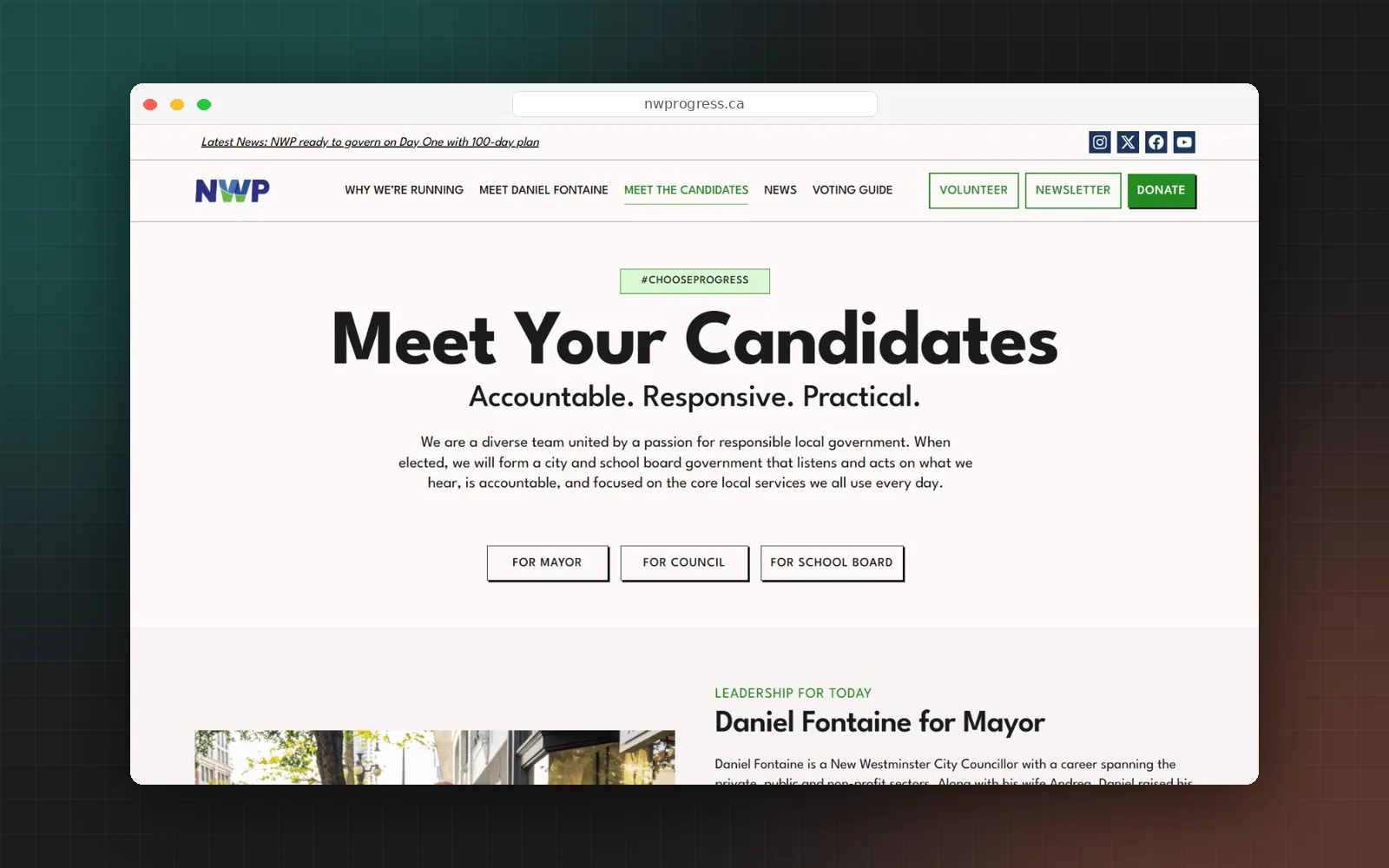 The Meet Your Candidates page with buttons for mayor, council, and school board