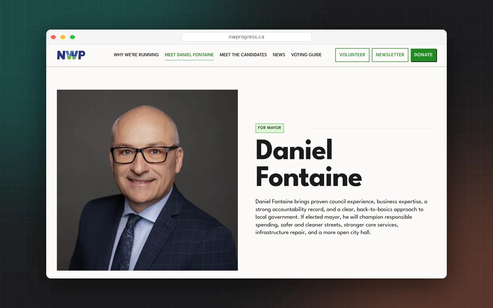 The mayoral candidate page for Daniel Fontaine