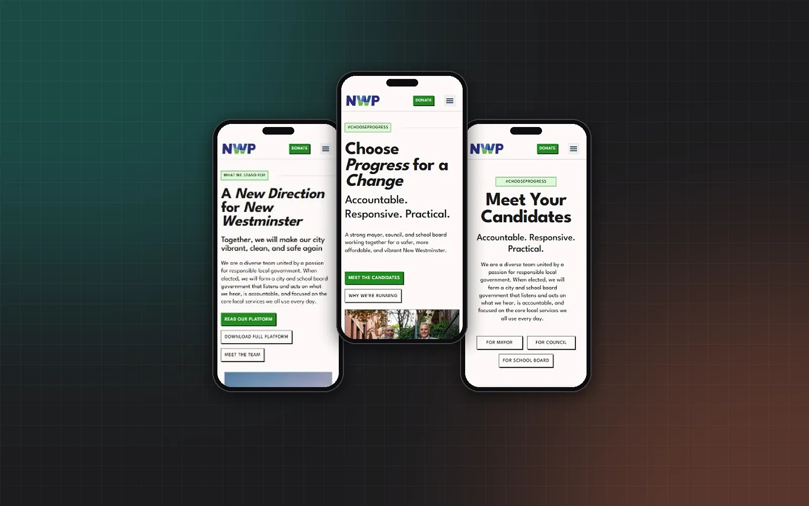 Three phone screens of the new NWP site: the platform, homepage, and candidates pages