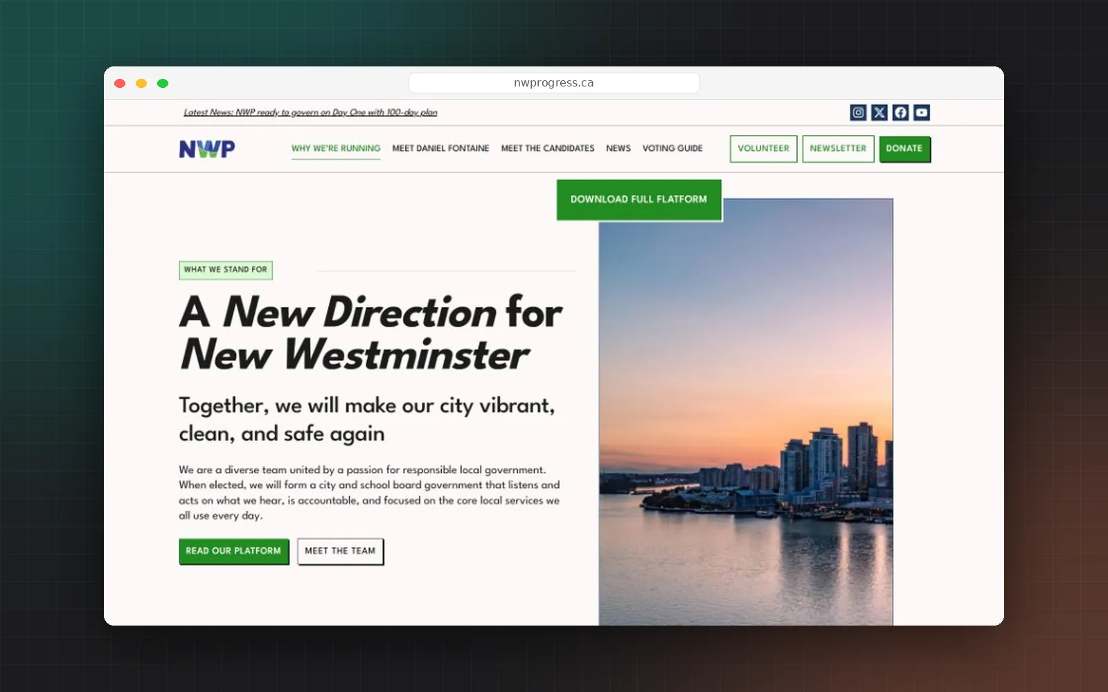 The NWP platform page, A New Direction for New Westminster, with a download full platform button