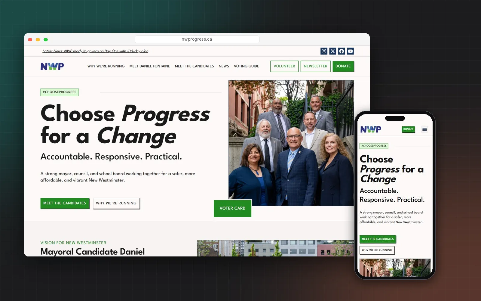 The new NWP homepage on a laptop and a phone, with the candidates photo and Meet the Candidates button