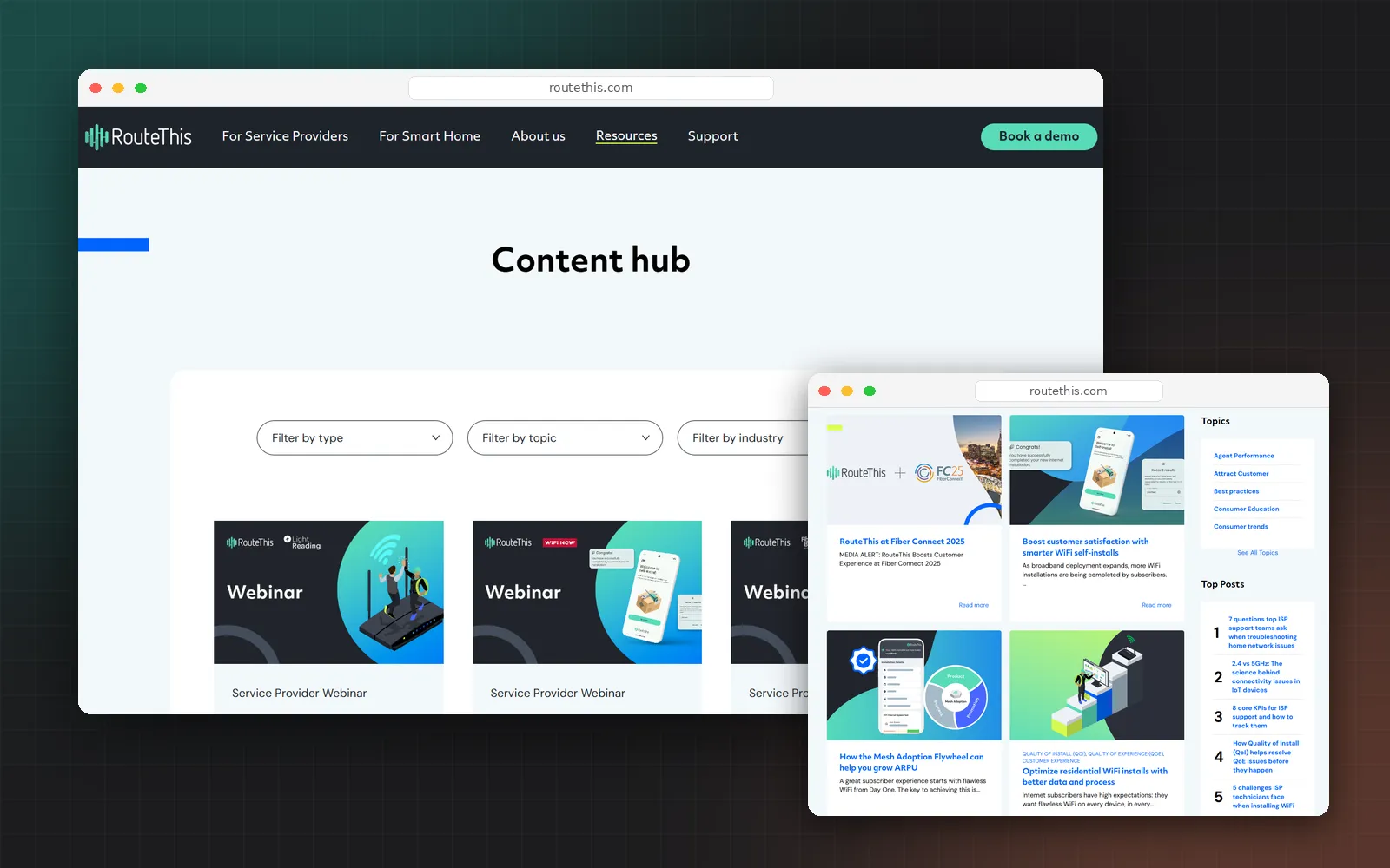 The RouteThis content hub with webinar cards and filters, and the RouteThis blog